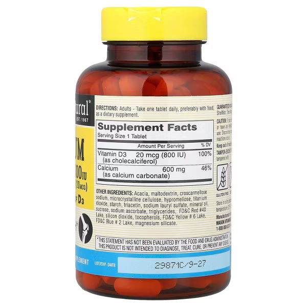 Calcium 600 MG + D3 800 IU 100 Tabs Mason Natural
