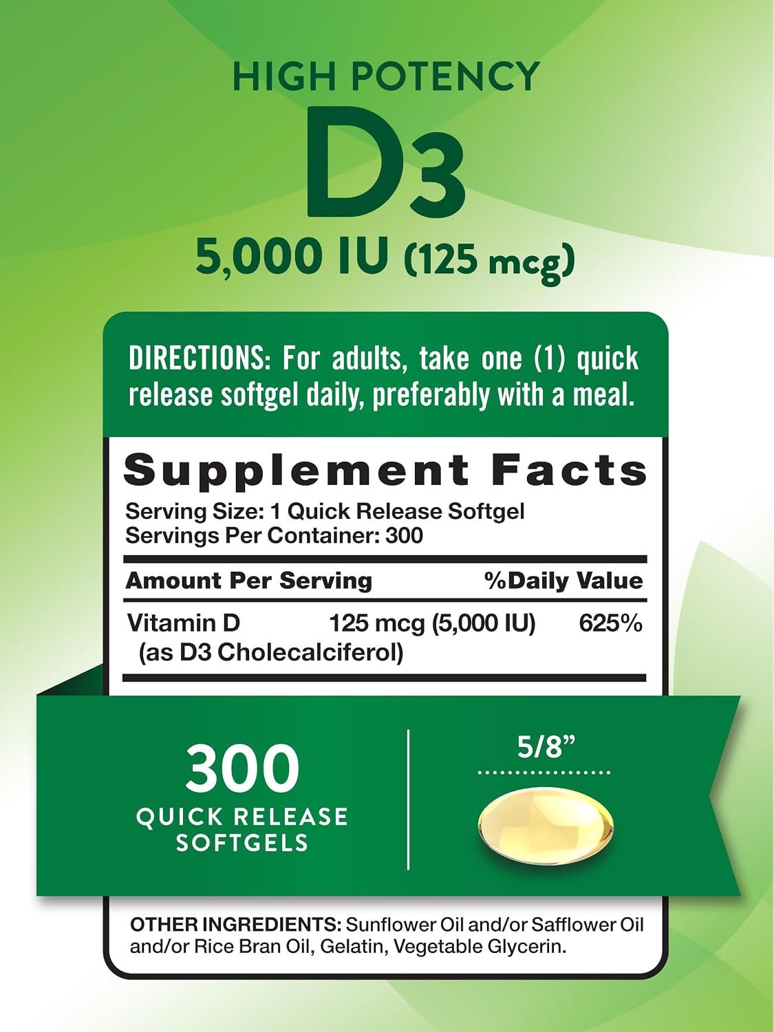 Vitamina D3 5000 125 MCG 300 Caps Nature's Truth