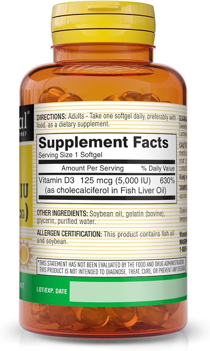 Vitamina D3 5000 IU 125 MCG 100 Tabs Mason Natural